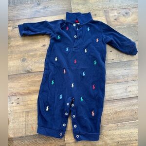Navy Blue Polo Baby collared Romper with Multicolor Embroidery